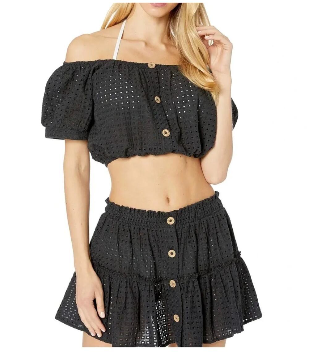 Eberjey Black Eyelet Lace Harper Crop + Mini Skirt 2 Piece Set Small